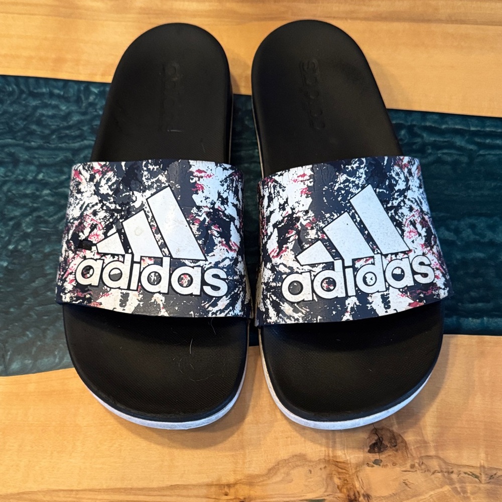 Adidas Kids Slide Sandals - Black with White and Red Accents